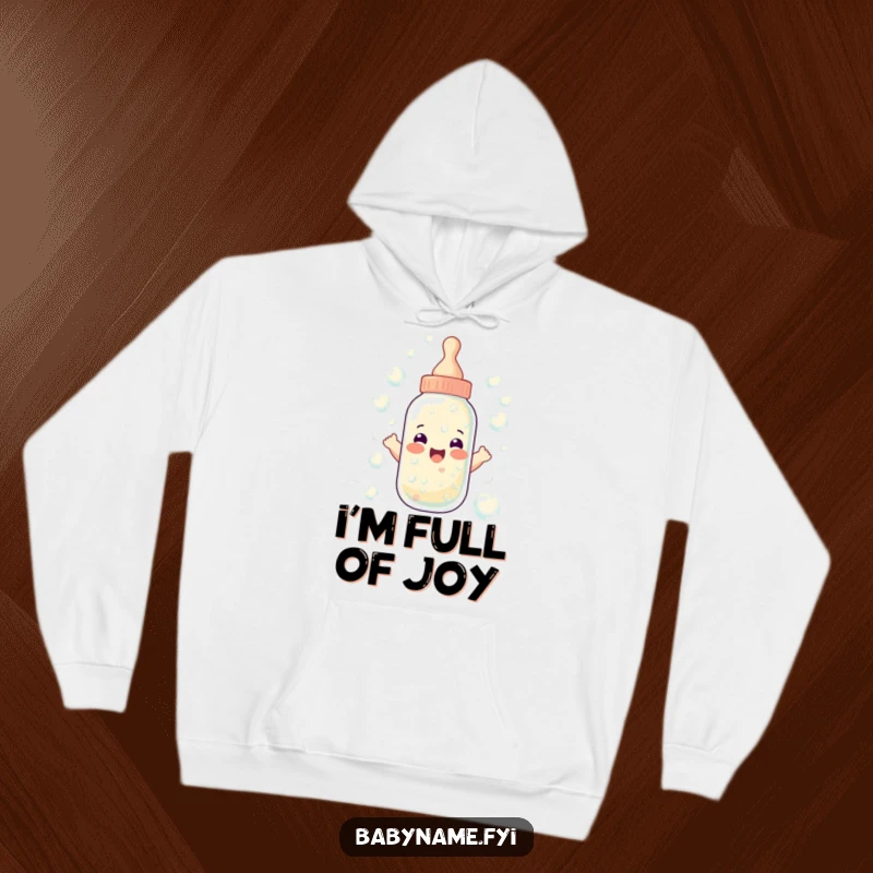 Funny baby bottle hoodie featuring a bottle overflowing with happy bubbles, a cozy and humorous depiction of delightful baby moments.
