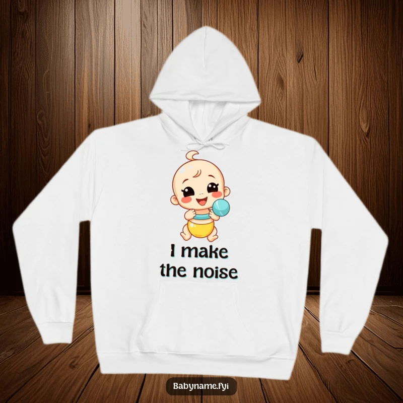 Funny baby rattle hoodie showing a smiling rattle shaking with vigor, a cozy and humorous depiction of lively baby play.