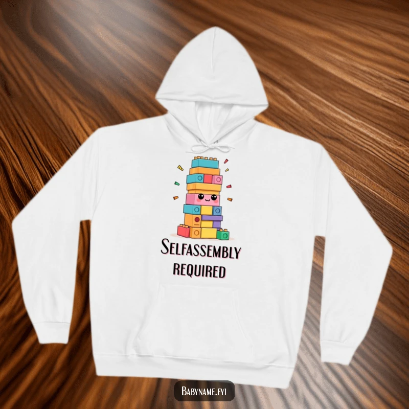 Funny confused building blocks hoodie, warm apparel with colorful blocks trying to build themselves, humorously befuddled.