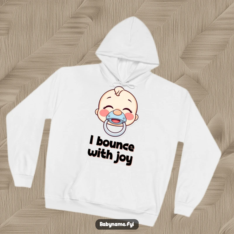 Funny pacifier hoodie featuring a giggling pacifier bouncing with glee, a cozy and humorous depiction of overwhelming joy.