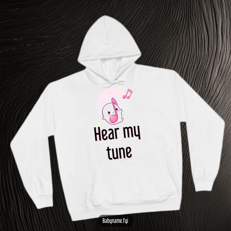 Funny lullaby musical note hoodie, softly floating upwards with a sweet smile, perfect for cozy, melodic moments.