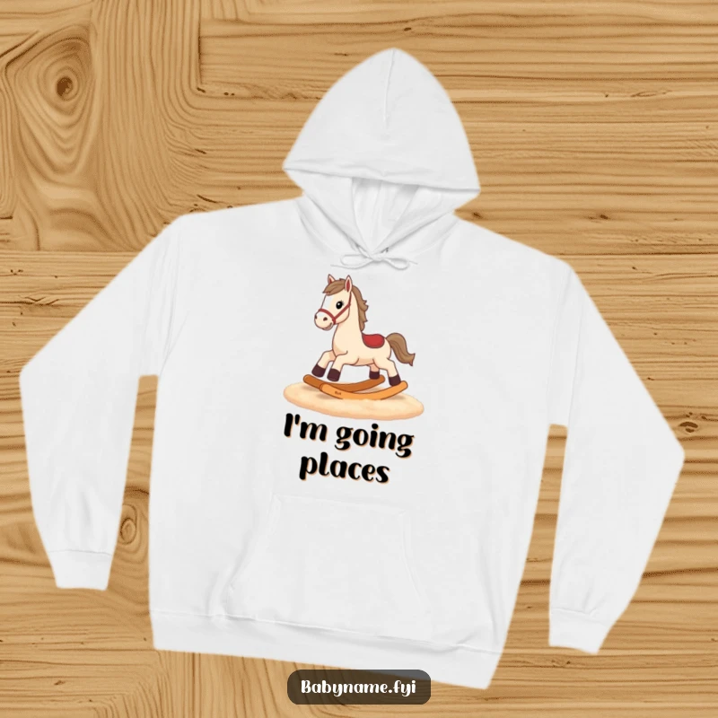 Funny rocking horse hoodie, cozy apparel with tiny legs attempting to gallop, conveying determination and humor.