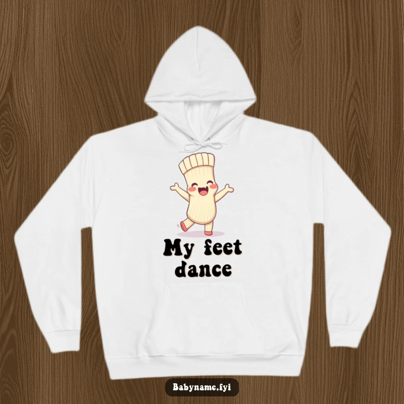 Funny hoodie showcasing a delighted baby sock doing a silly dance, offering warmth and a touch of playful charm.