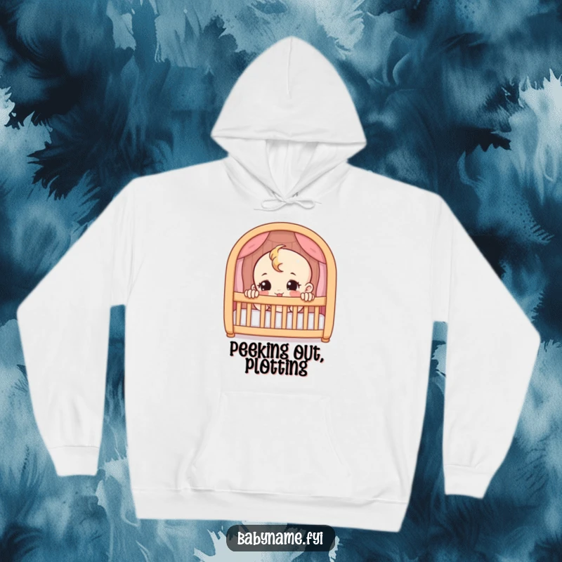 Funny hoodie featuring a mischievous baby character peeking out from a crib. Cozy and humorous apparel.