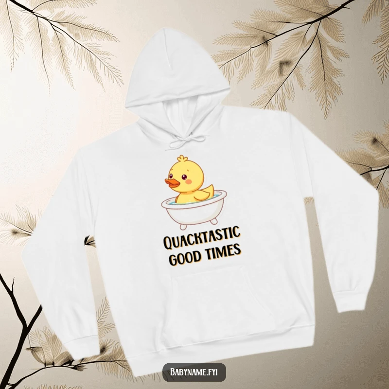 Funny happy duckling hoodie, bobbing in a tiny bathtub, perfect for cozy days and playful vibes.