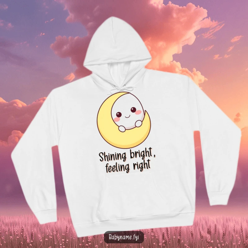 Funny smiling moon character peeking over a crescent moon shape, featured on a warm and humorous celestial hoodie.