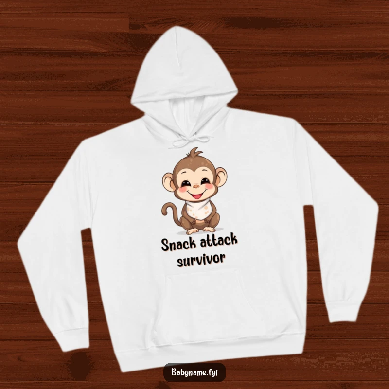 Funny smiling baby monkey in a bib, adorably messy with food smudges, bringing cozy and humorous vibes to this hoodie.