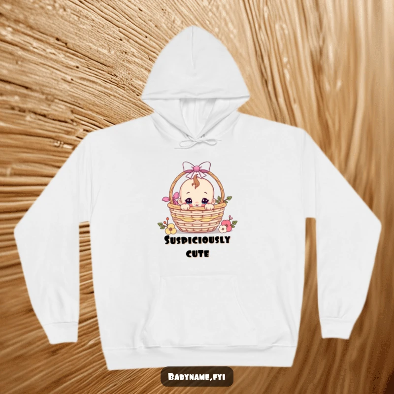 Funny baby character peeking from a gift basket on a warm hoodie, embodying playful curiosity and cozy humor.