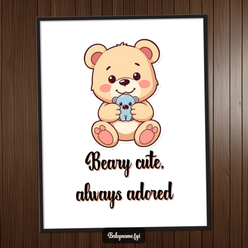 Funny Free Printable Wall Art: A huggable teddy bear proudly displays its favorite tiny toy, adding a touch of sweetness to the room.