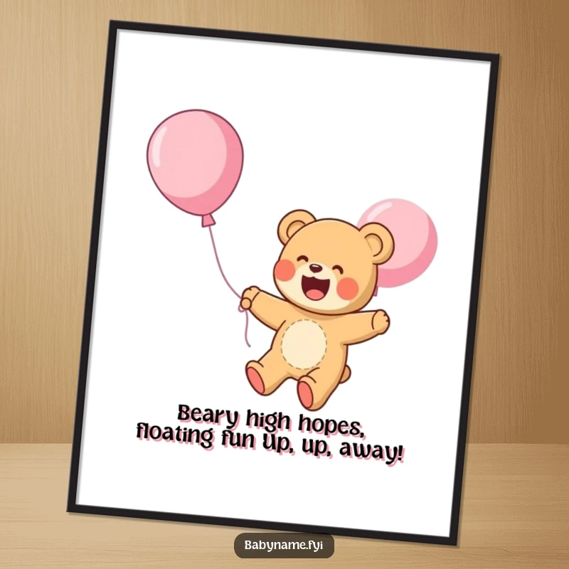 Funny Free Printable Wall Art: A giggling teddy bear floats blissfully upwards on a colorful balloon, bringing joy.
