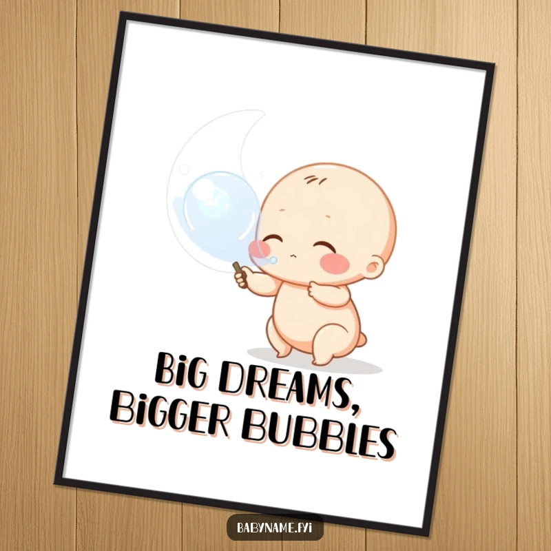 Funny Free Printable Wall Art: Chubby baby character blowing a gigantic bubble from a wand, adding playful humor to decor.