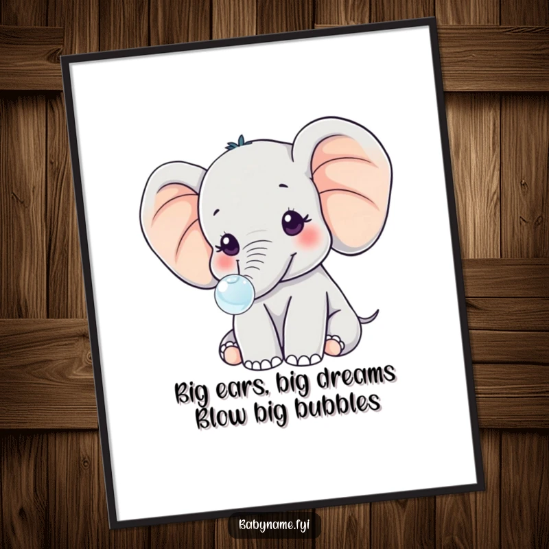 Funny Free Printable Wall Art: A kawaii baby elephant with big ears blowing a bubble, creating whimsical decor.