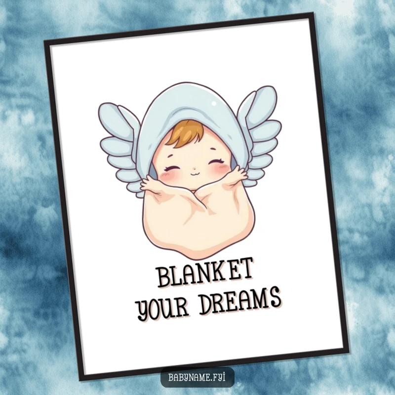 Funny Free Printable Wall Art: A cute baby blanket flapping its corners like whimsical, airborne wings. Downloadable art.