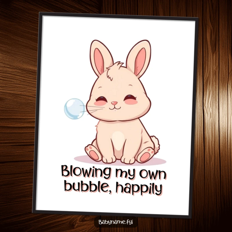 Funny Free Printable Wall Art: Playful baby bunny happily blowing a large, iridescent bubble, creating a whimsical scene.