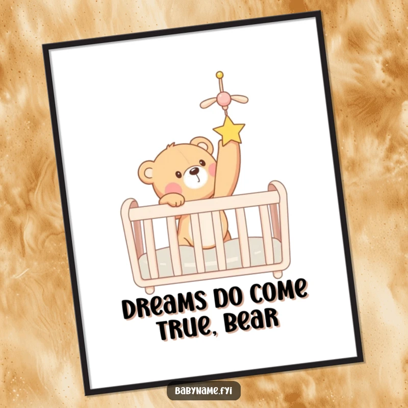 Funny Free Printable Wall Art, a teddy bear character reaching for a crib mobile, depicting sweet curiosity and joy.
