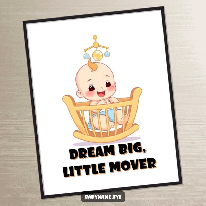 Funny Free Printable Wall Art: A smiling baby delightedly gazing at a colorful, spinning mobile above a crib.