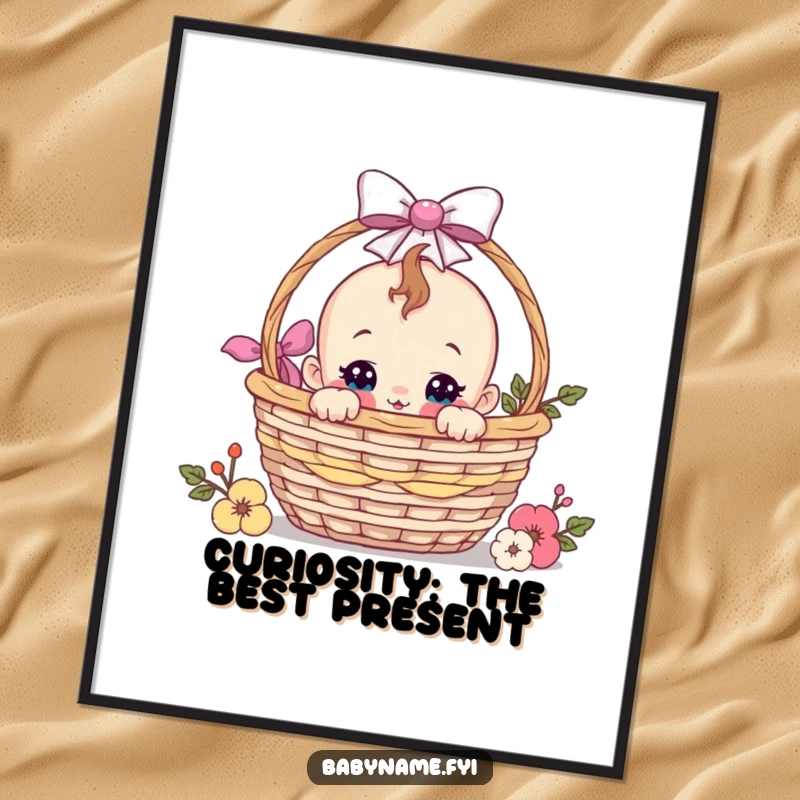 Funny Free Printable Nursery Wall Art showing a curious baby character peeking from a gift basket, adding a touch of playful wonder.