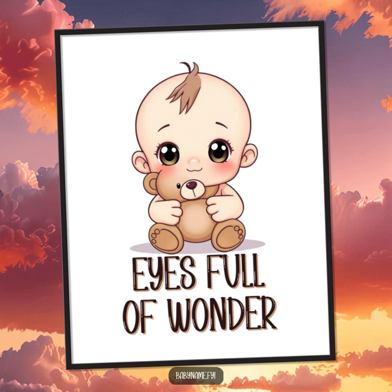 Free Printable Baby Teddy Wall Art: A baby with wide, curious eyes holding a teddy bear, evoking warmth.