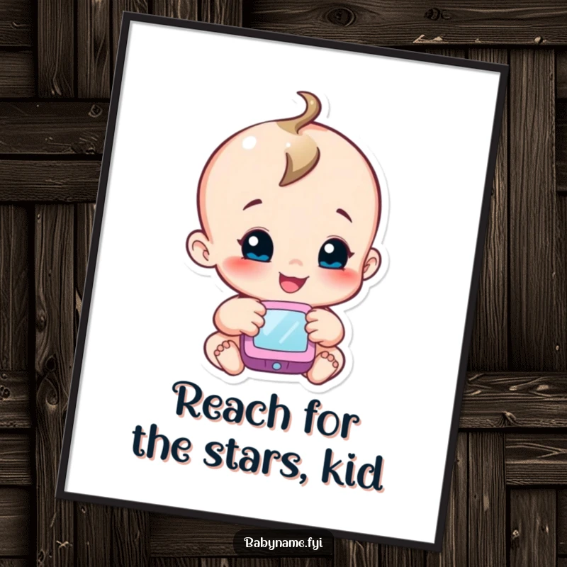 Funny Free Printable Wall Art depicting a baby character smiling with outstretched arms, reaching for a soft, suspended mobile.