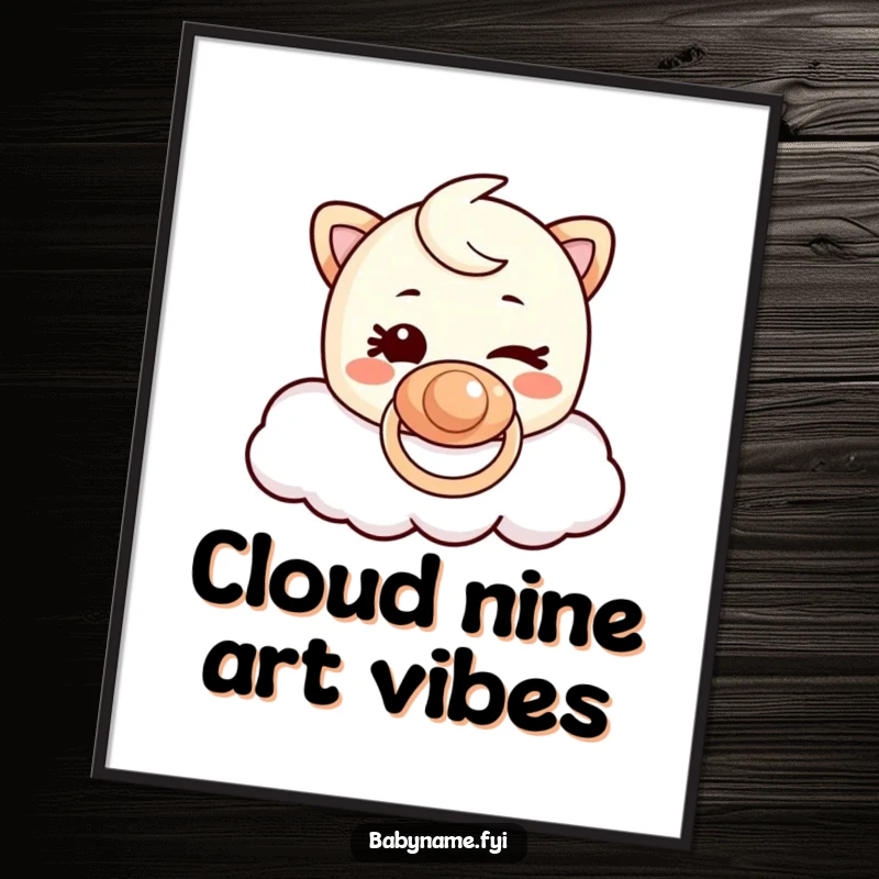 Funny Free Printable Wall Art: A cute pacifier character is winking mischievously while floating comfortably on a soft, fluffy white cloud.