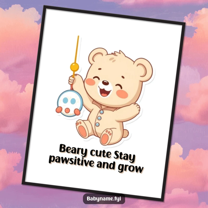 Funny Free Printable Wall Art: A happy baby bear cub in a onesie reaching for a dangling mobile, perfect for nursery decor.