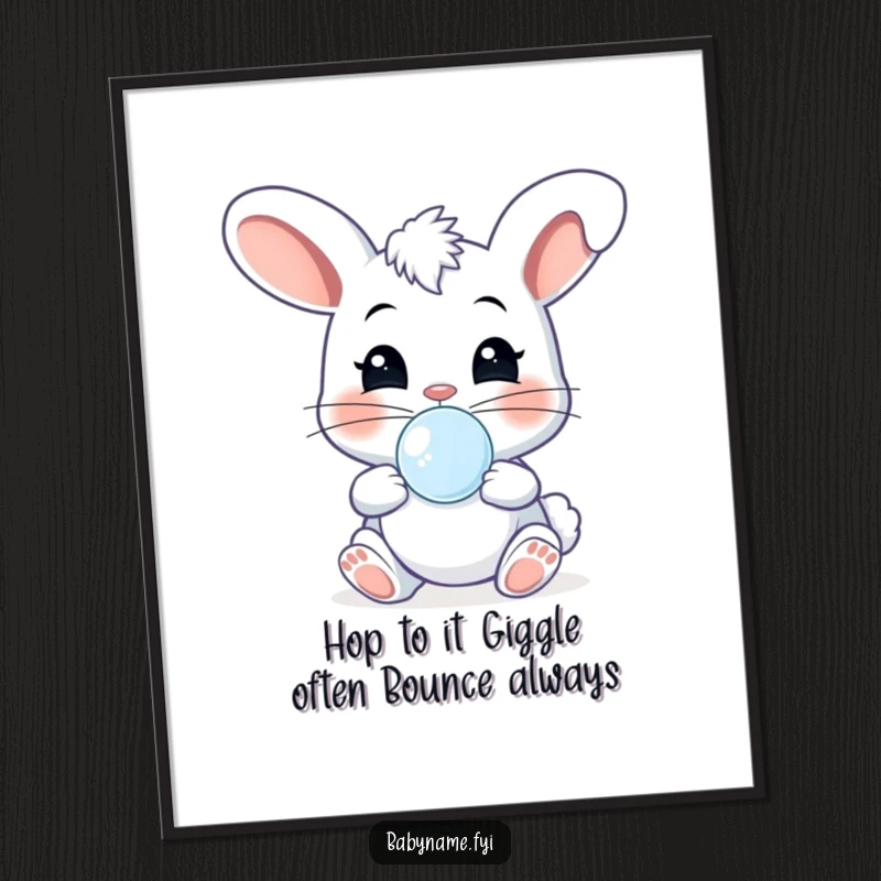 Funny Free Printable Wall Art: A cheeky baby bunny with a pacifier giggling and bouncing, perfect for playful decor.