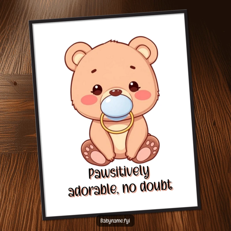 Funny Free Printable Wall Art: Adorable baby bear cub wearing a pacifier, looking cute and peaceful, ideal for nursery decor.