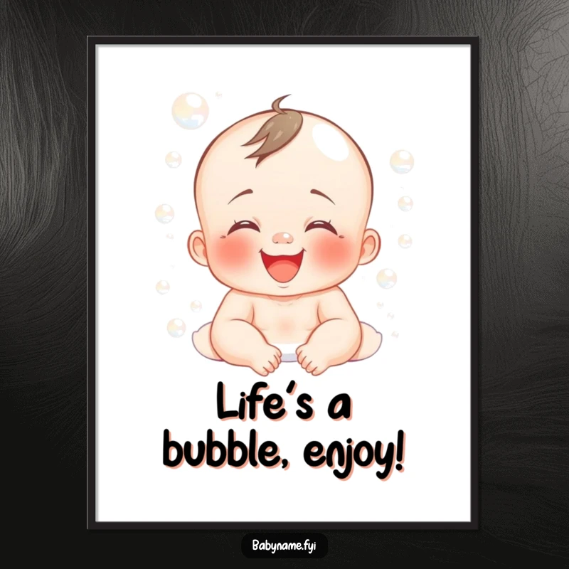 Funny Free Printable Wall Art: A baby's face lit up with laughter, covered in soft, playful bubbles, celebrating bubbly happiness.