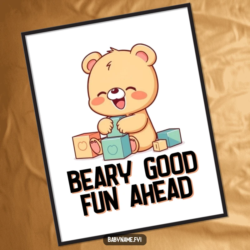 Funny Free Printable Wall Art of a tiny, giggling baby bear character having a blast playing with colorful building blocks.