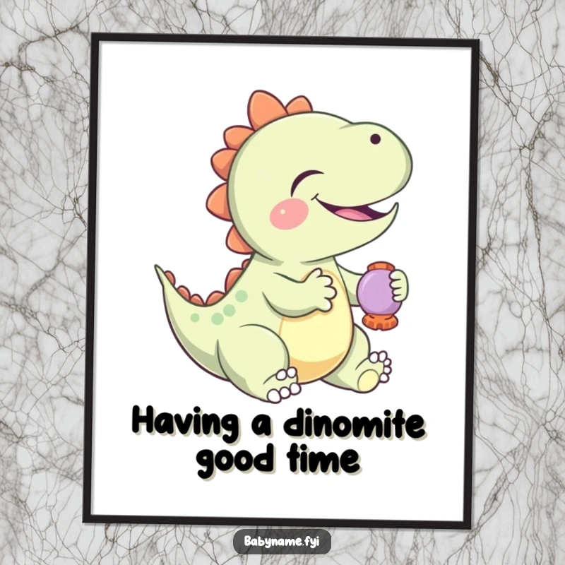Funny Free Printable Wall Art: Giggling baby dinosaur joyfully playing with a colorful rattle, creating a fun atmosphere.