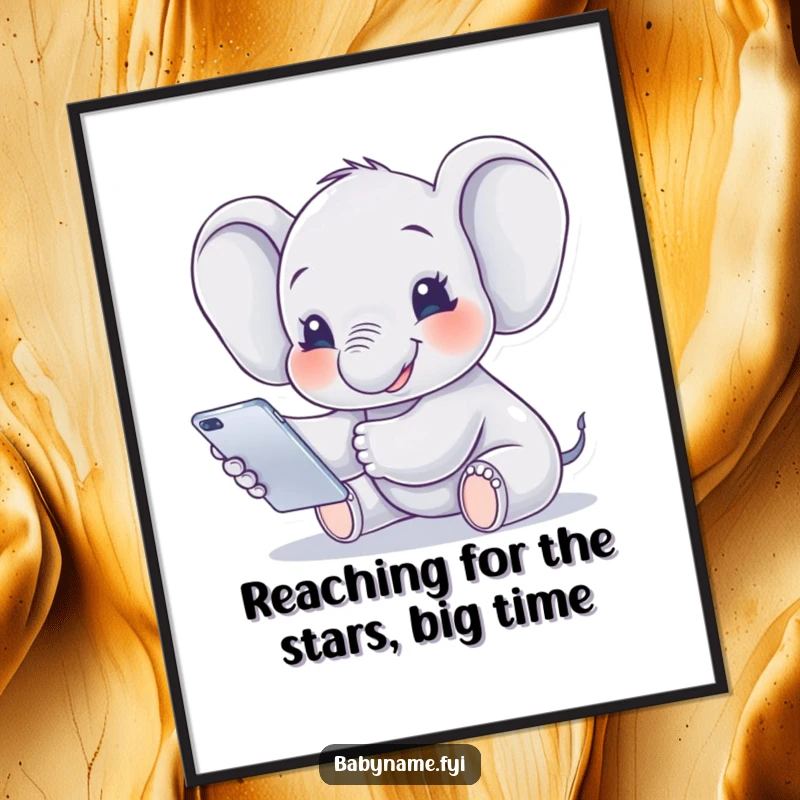 Funny Free Printable Wall Art: Smiling baby elephant reaching enthusiastically for a colorful hanging mobile, bringing joy.