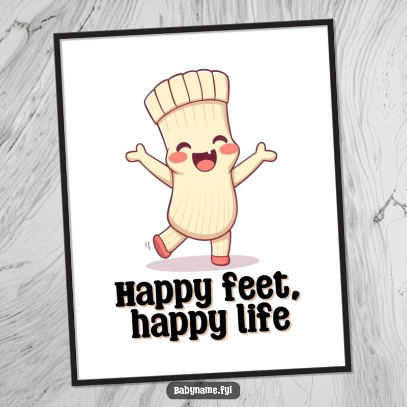 Funny Free Printable Wall Art: A baby sock with animated legs is caught in a comical dance pose, perfect for a whimsical space.