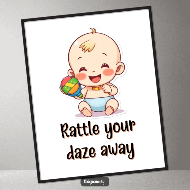 Funny free printable wall art: adorable baby character joyfully shaking a brightly colored rattle.
