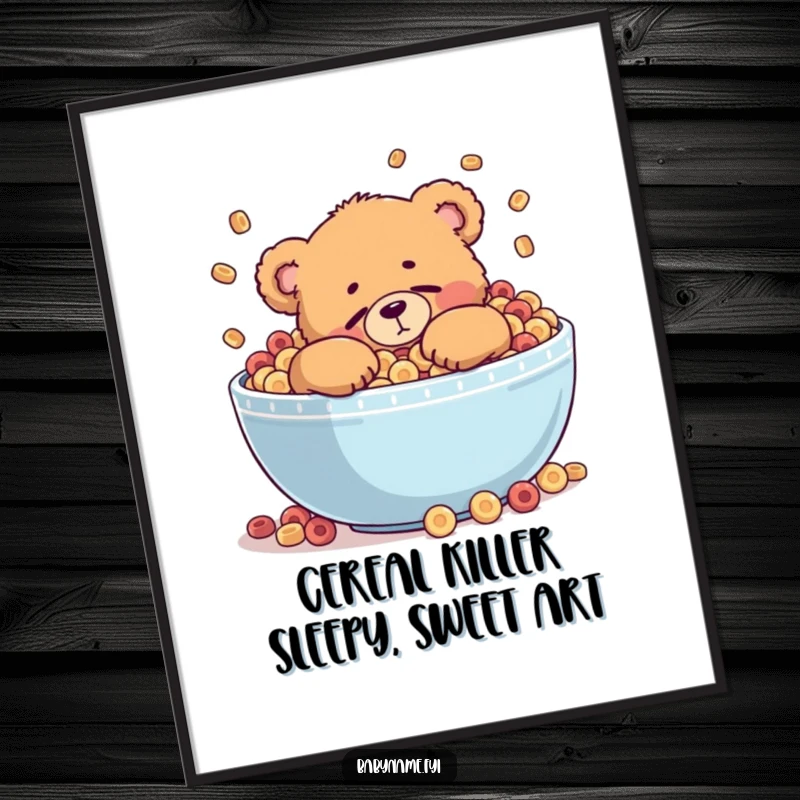Funny Free Printable Wall Art: A chubby teddy bear character attempting to sleep comfortably inside a giant, overflowing bowl filled with breakfast cereal.