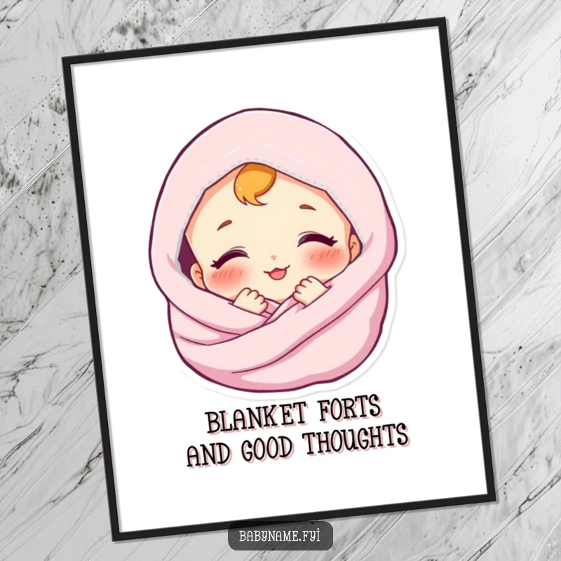 Funny free printable wall art: a cute baby wrapped snugly in a soft blanket, smiling peacefully.