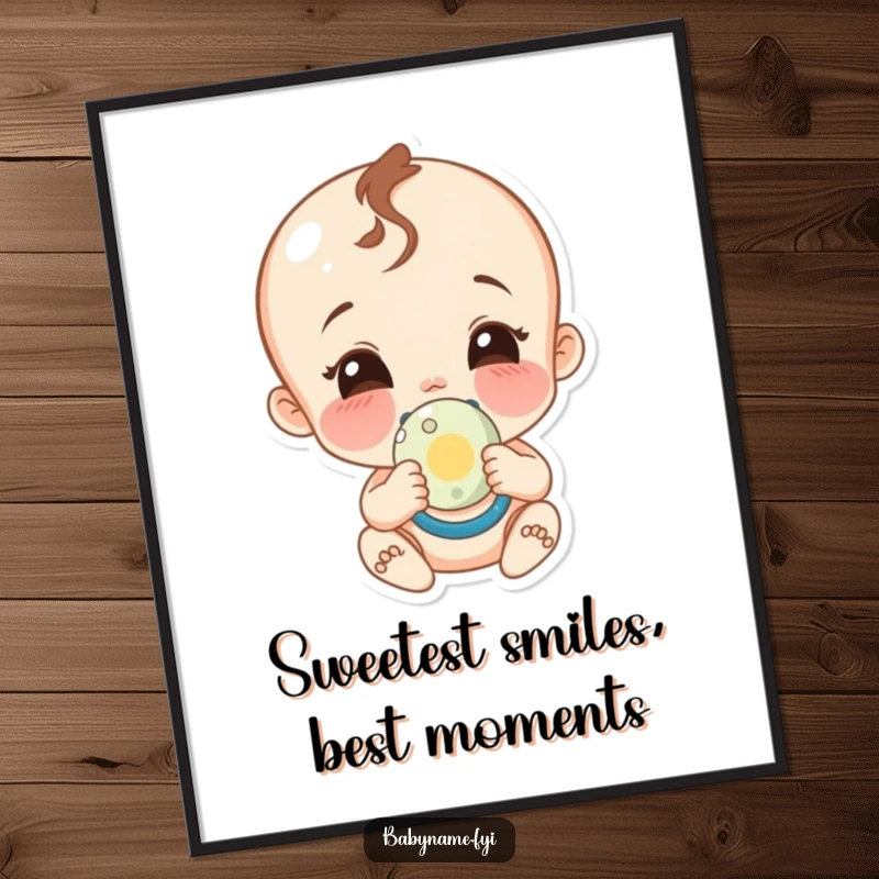 Funny Free Printable Wall Art: Giggling baby character holding a pacifier, wide smile, adding adorable humor to decor.