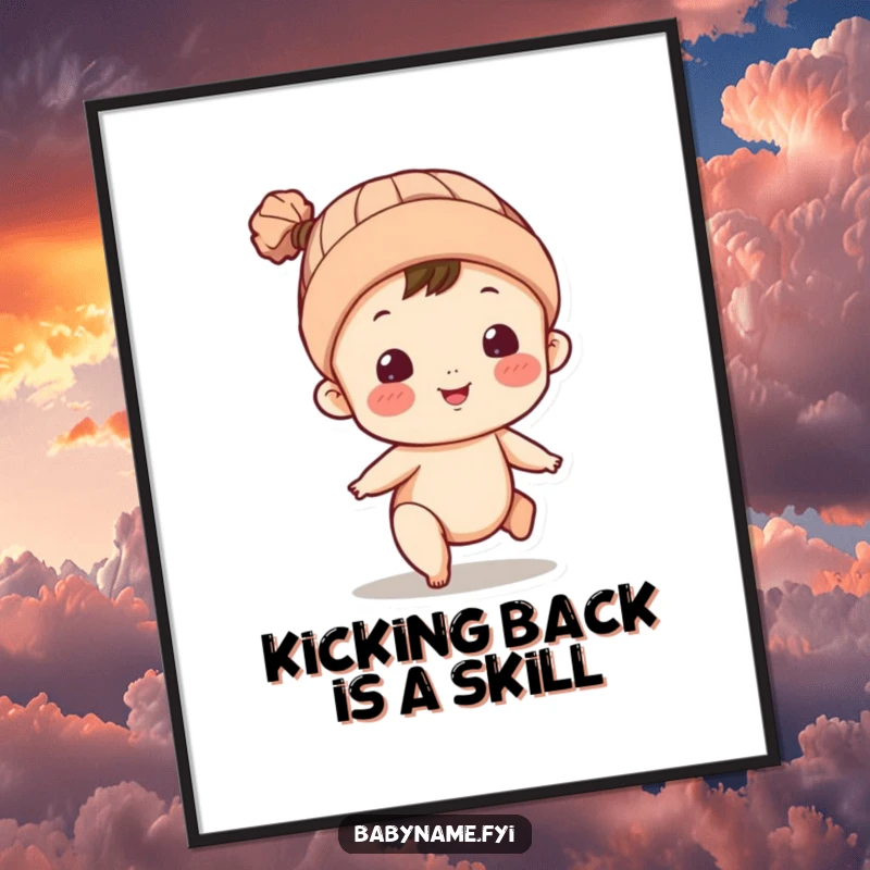 Funny free printable wall art: adorable baby wearing a knitted cap, energetically kicking legs in a joyful pose.