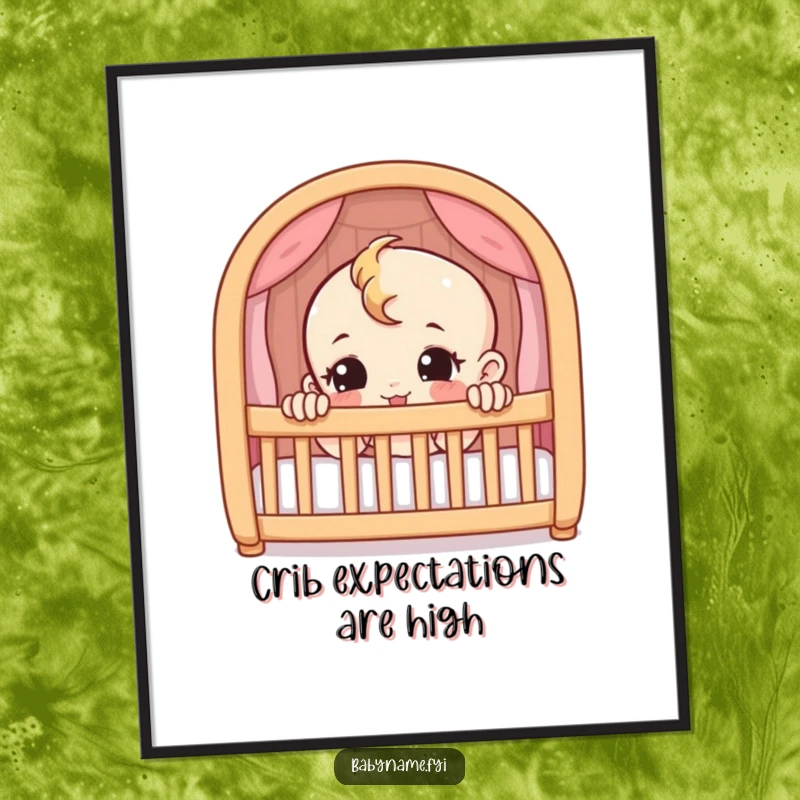 Funny free printable wall art: a curious baby peeking mischievously from inside a crib, ready for fun.