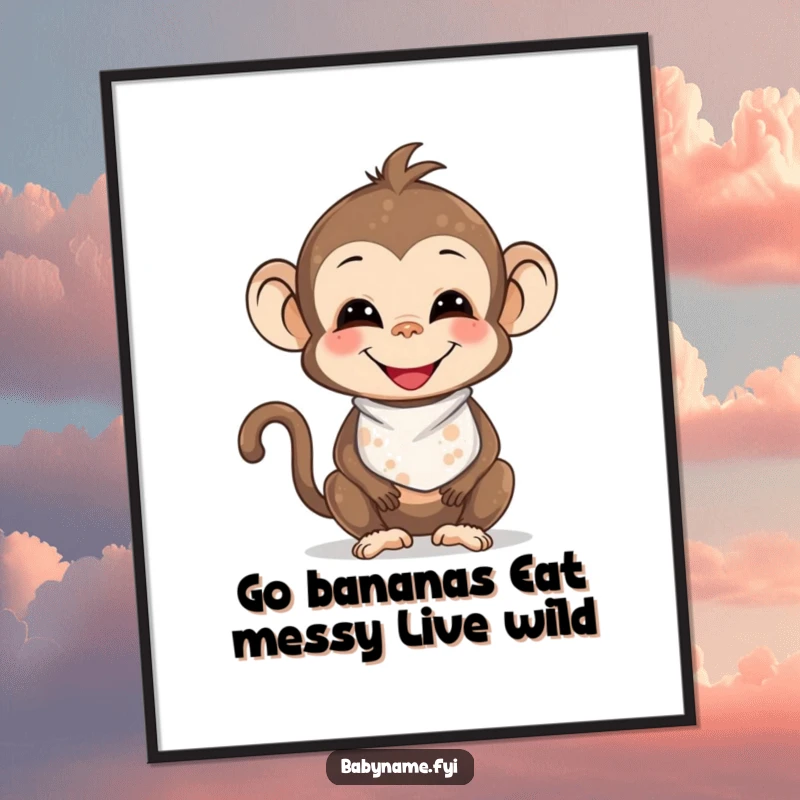 Funny Free Printable Wall Art: A smiling baby monkey in a bib, covered in playful smudges, perfect for fun decor.