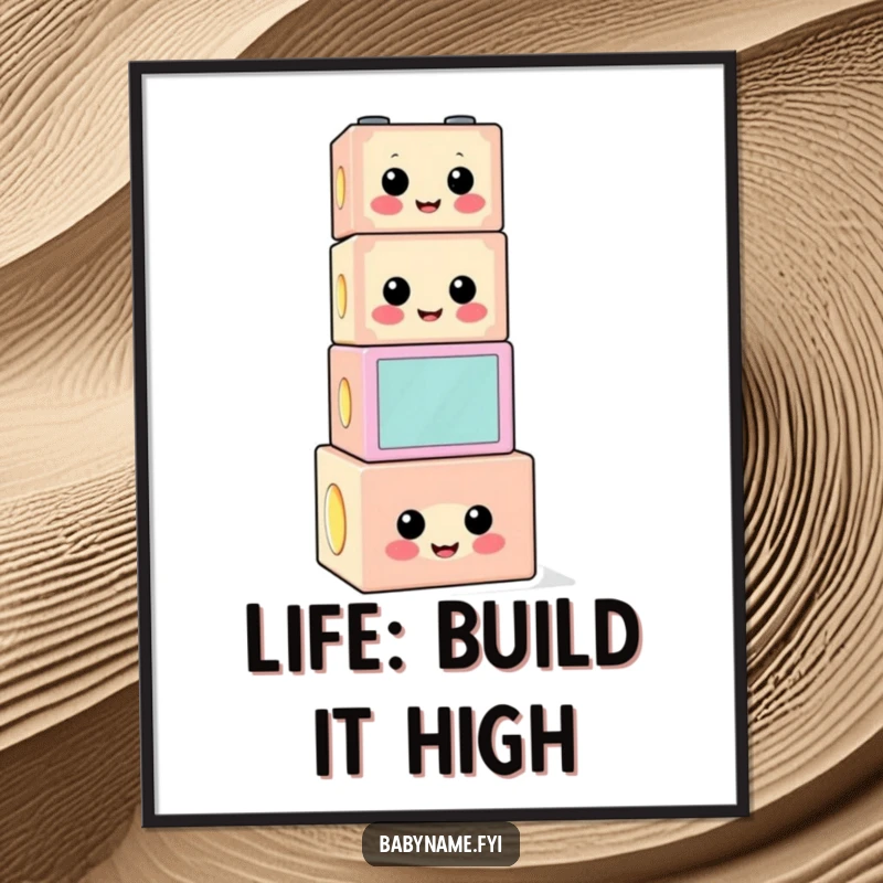 Funny Free Printable Wall Art: A playful building block with a cheerful face stacked precariously, adding humor.