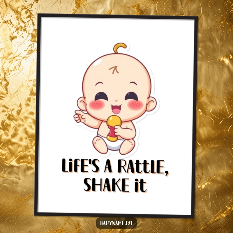 Funny Free Printable Wall Art showcasing an exuberant baby character joyfully waving a miniature rattle, full of playful energy.