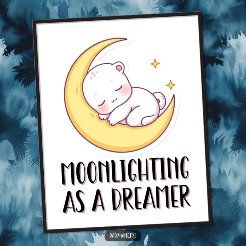 Funny Free Printable Wall Art of a small, sleepy baby animal character nestled cozily inside a delicate crescent moon.