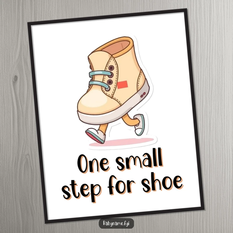 Funny Free Printable Baby Shoe Nursery Art: A baby shoe character comically walking with wobbly steps, charming downloadable decor.