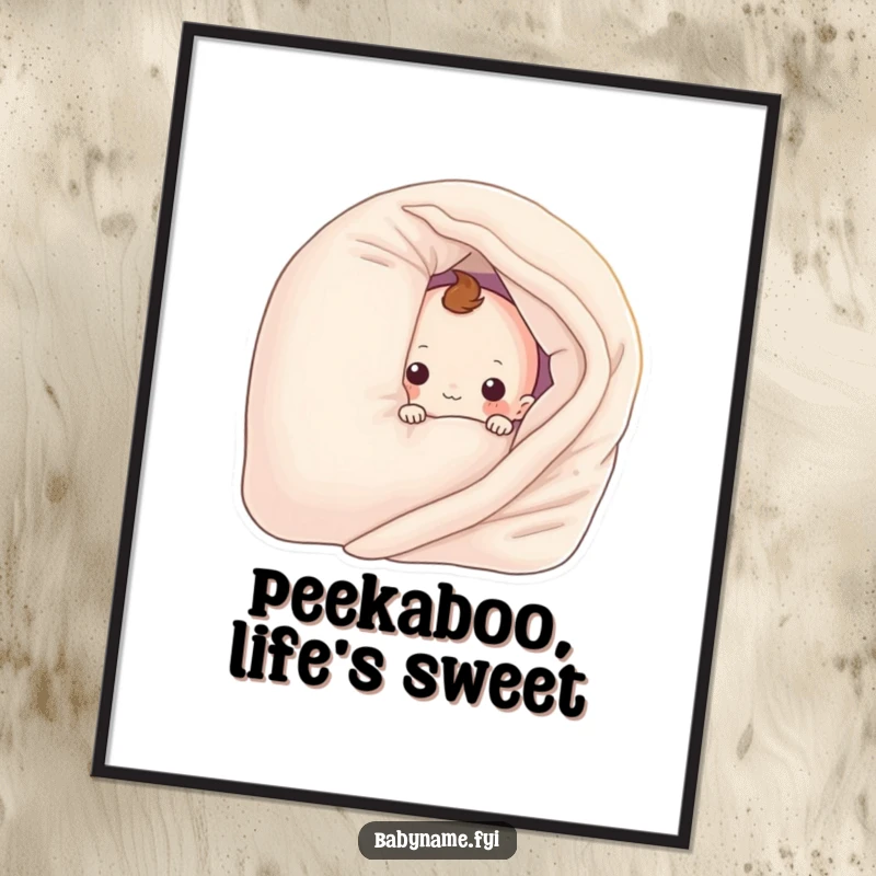 Funny Free Printable Wall Art, a baby blanket character playfully peeking from behind a pillow, perfect for nursery decor.