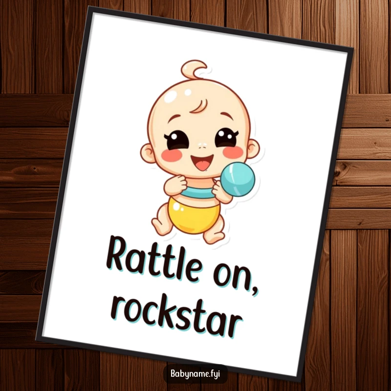 Funny Free Printable Wall Art: A smiling baby rattle shaking itself with infectious energy and joy. Downloadable art.