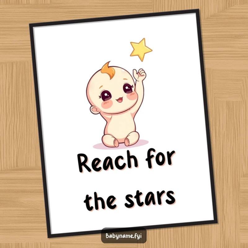 Funny Free Printable Wall Art: Curious baby character reaching for a twinkling star, dreaming big, downloadable decor.
