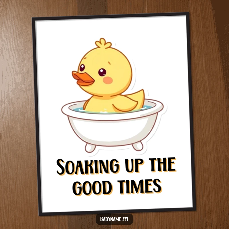 Funny Free Printable Wall Art: Happy duckling toy bobbing in a tiny bathtub, bringing cute and humorous vibes.