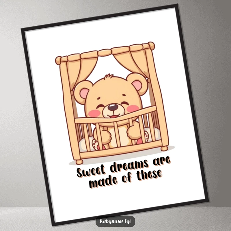 Funny Free Printable Wall Art: A giggling teddy bear peeking out of a crib, bringing joy to the room.