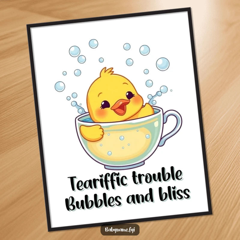 Funny Free Printable Wall Art: A smiling rubber ducky character frantically trying to swim within a small teacup filled with abundant, foamy bubbles.