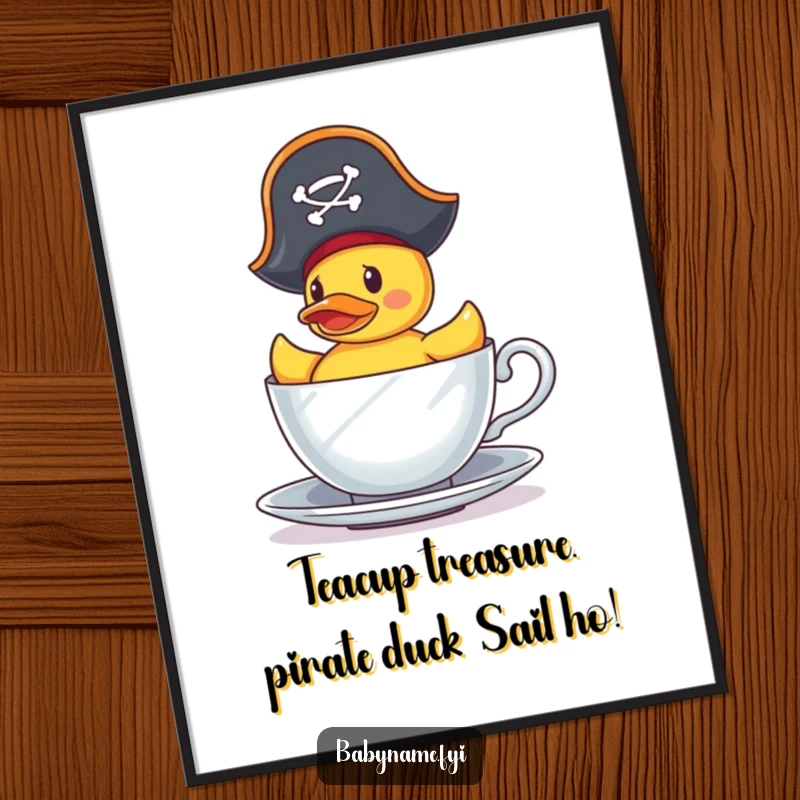 Funny Free Printable Wall Art: A tiny rubber duck wearing a pirate hat bravely sails across a teacup, ready for adventure.